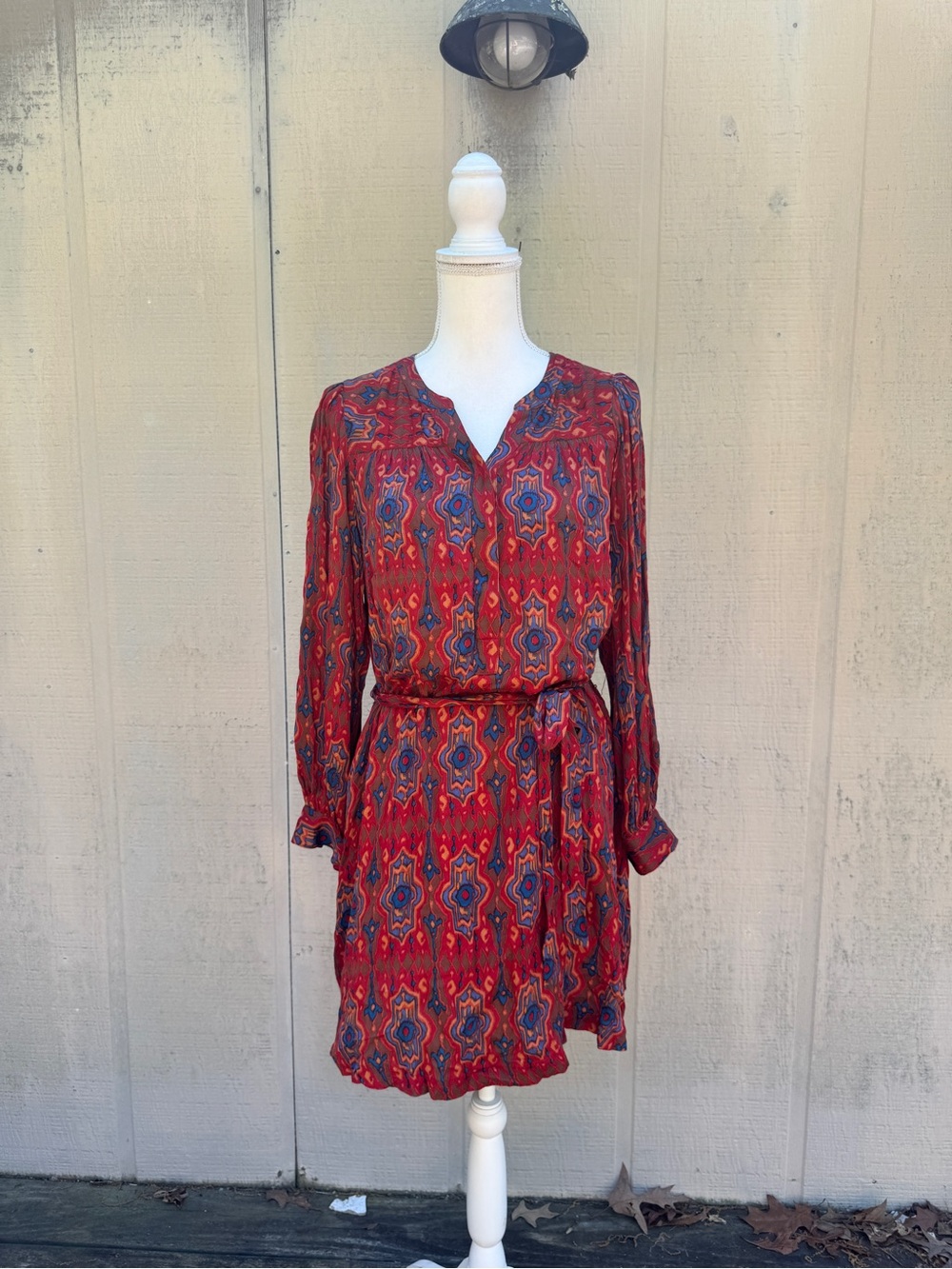 Anthropologie Tiny Red Geo-Print Long-Sleeve Tie-Waist Dress
